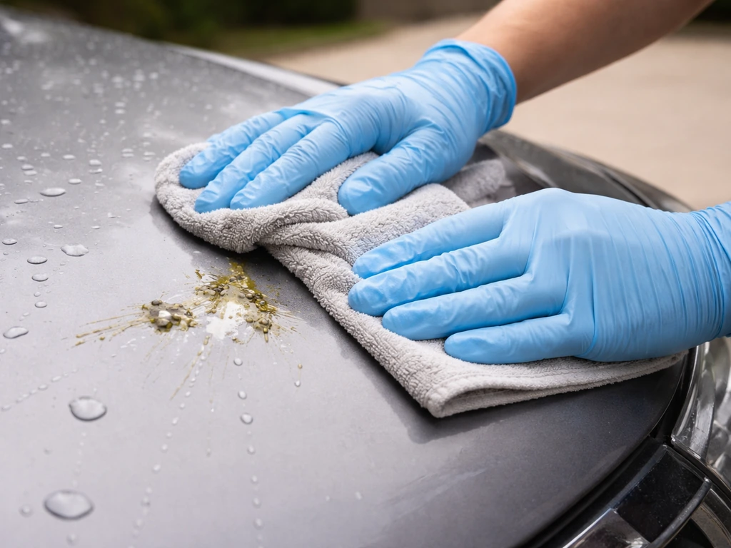 Person in gloves gently wiping fresh bird droppings off a car with a damp cloth