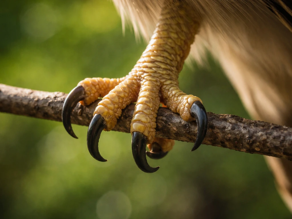 Close-up of a bird gripping a branch, showing talons and scaly leg/foot details in sharp focus.