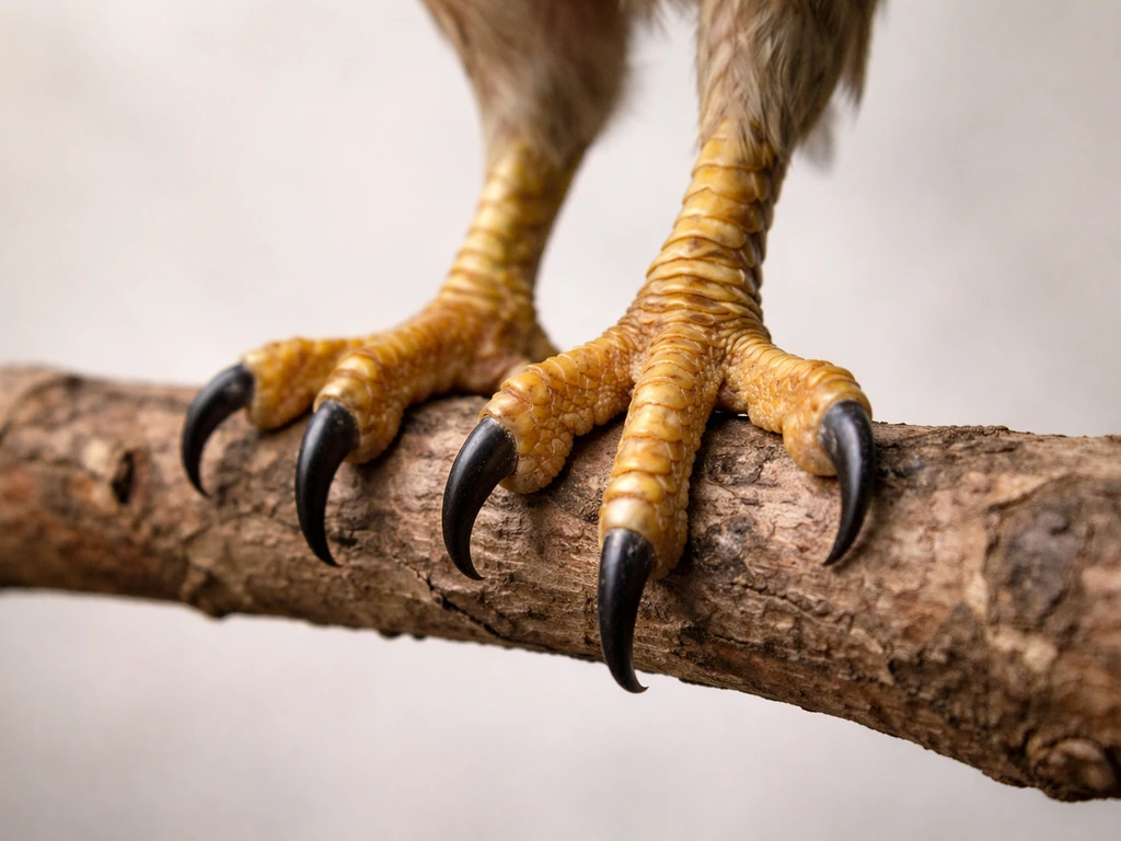 Close-up of a bird foot gripping a branch, showing toes and lower leg clearly against a plain background.