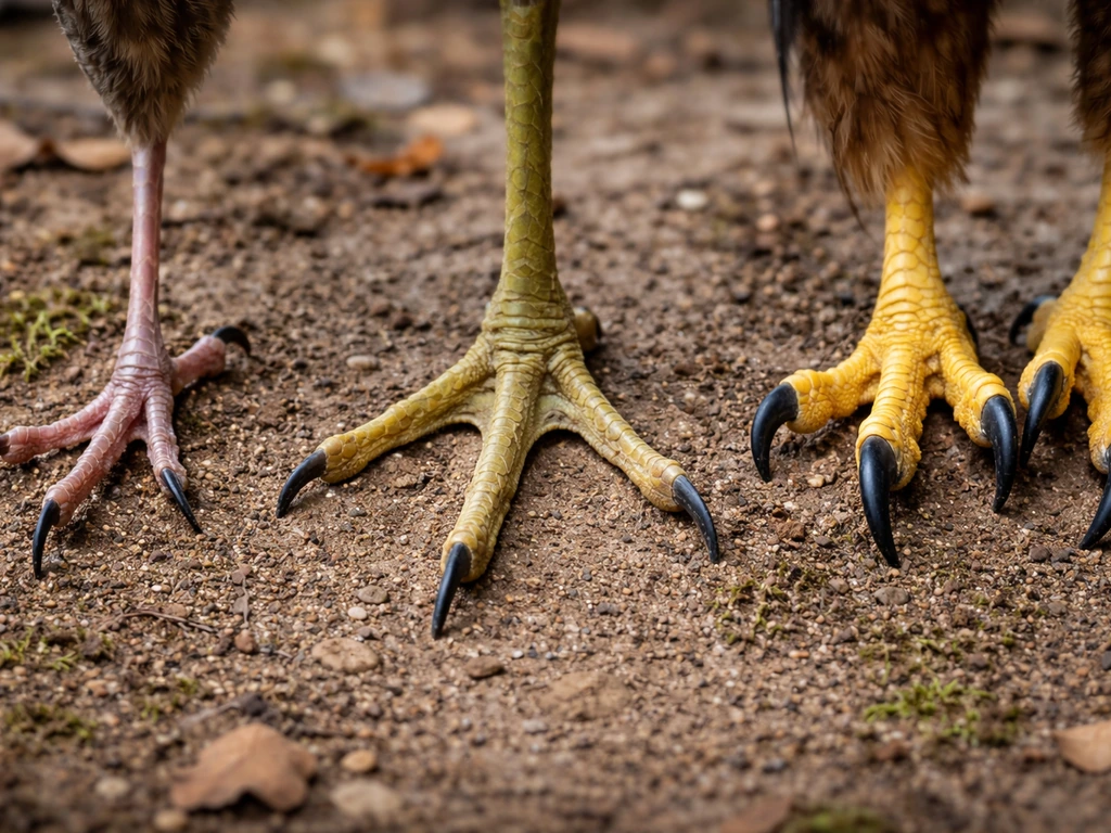 Three bird feet side-by-side: perching, wading, and raptor talons on an earthy background.