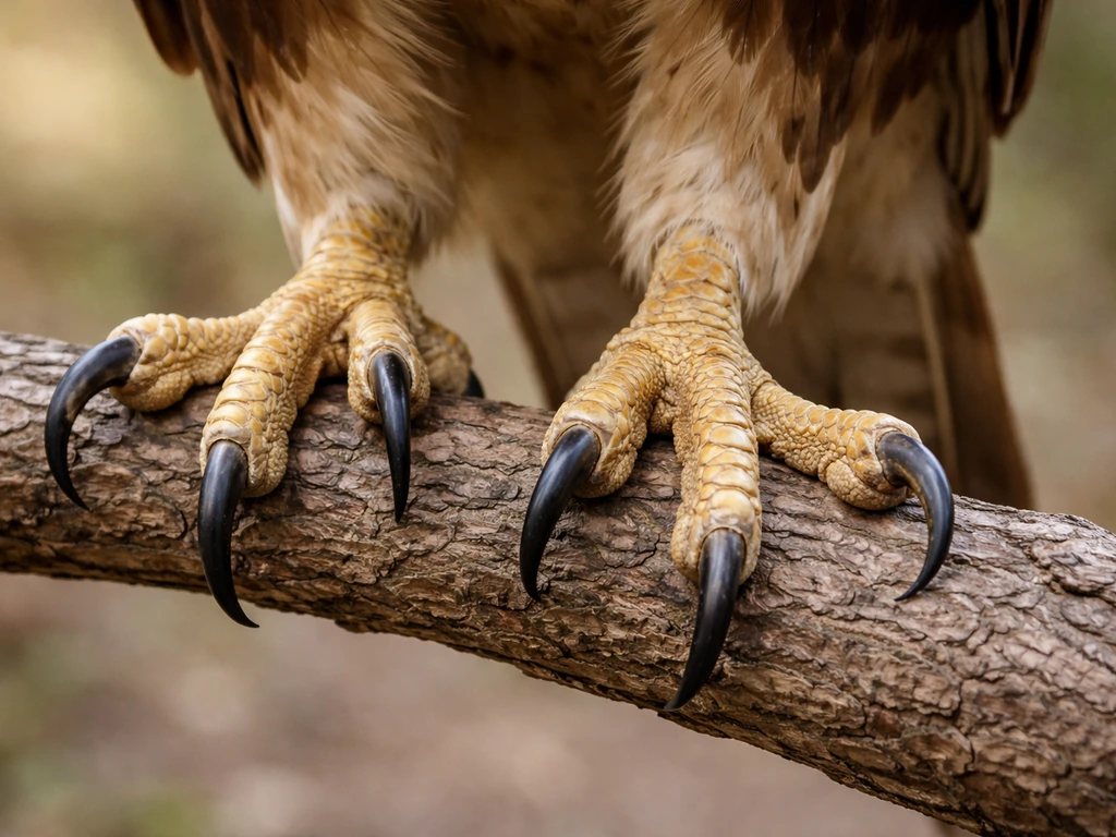 Close-up of a raptor’s feet and curved talons gripping a branch in natural light.