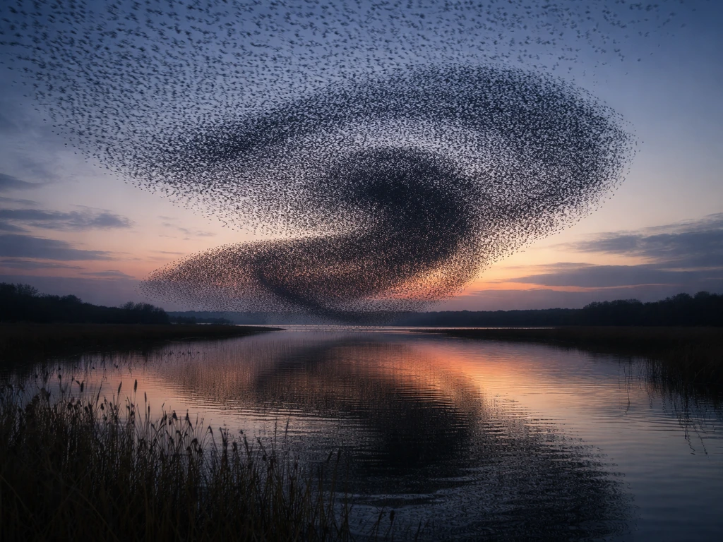 Thousands of European starlings swirling in a coordinated murmuration over a wetland at dusk