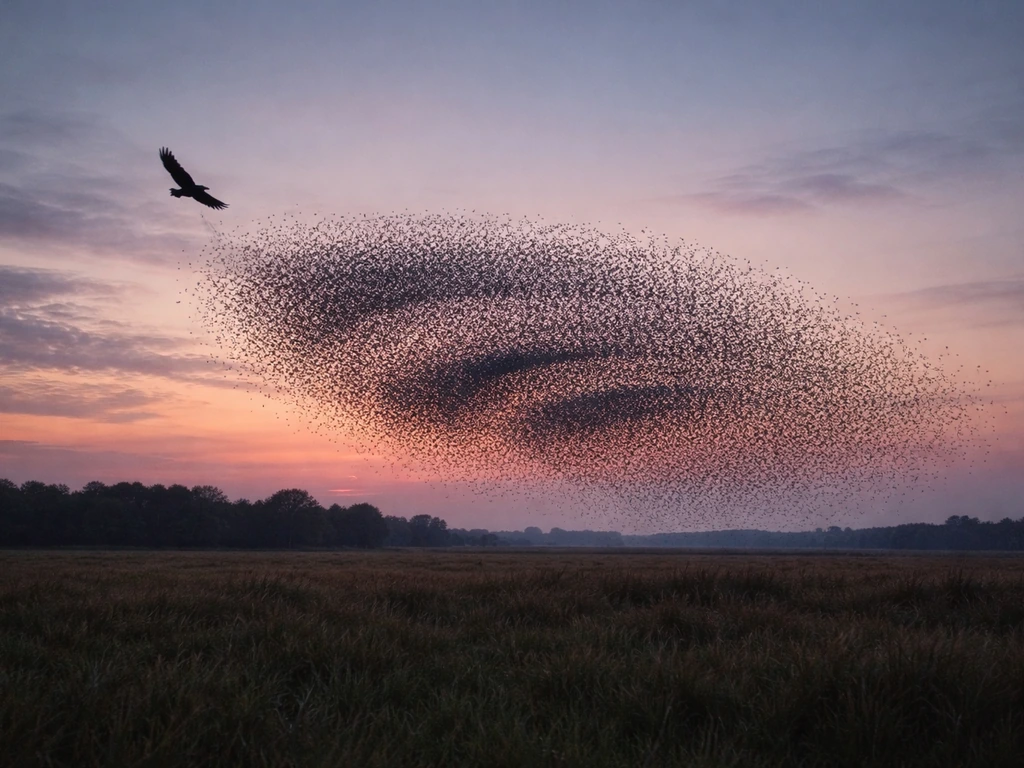 A raptor silhouette near a starling murmuration creates rolling wave-like ripples in the flock.