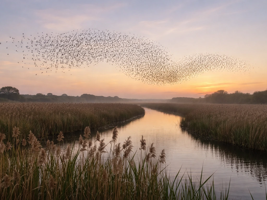 Starlings murmuration swirling over a reedbed and wetland water at early dusk