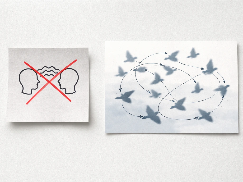 Minimal photo showing a crossed-out telepathy concept and an arrow-style starling flock coordination scene.