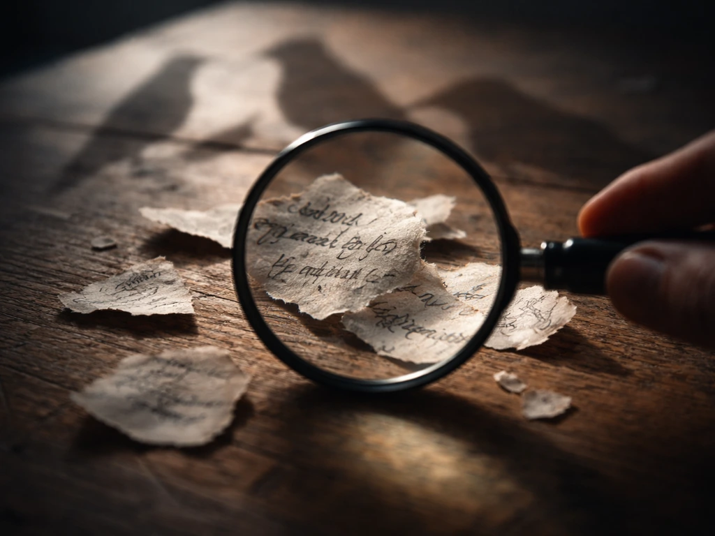 Magnifying glass over torn slang-like paper scraps with faint bird silhouettes in soft focus.