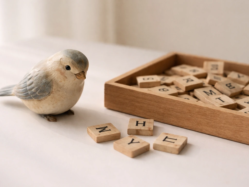 Small bird figurine beside scattered wooden letter tiles on a clean background, symbolizing a bird-based insult.