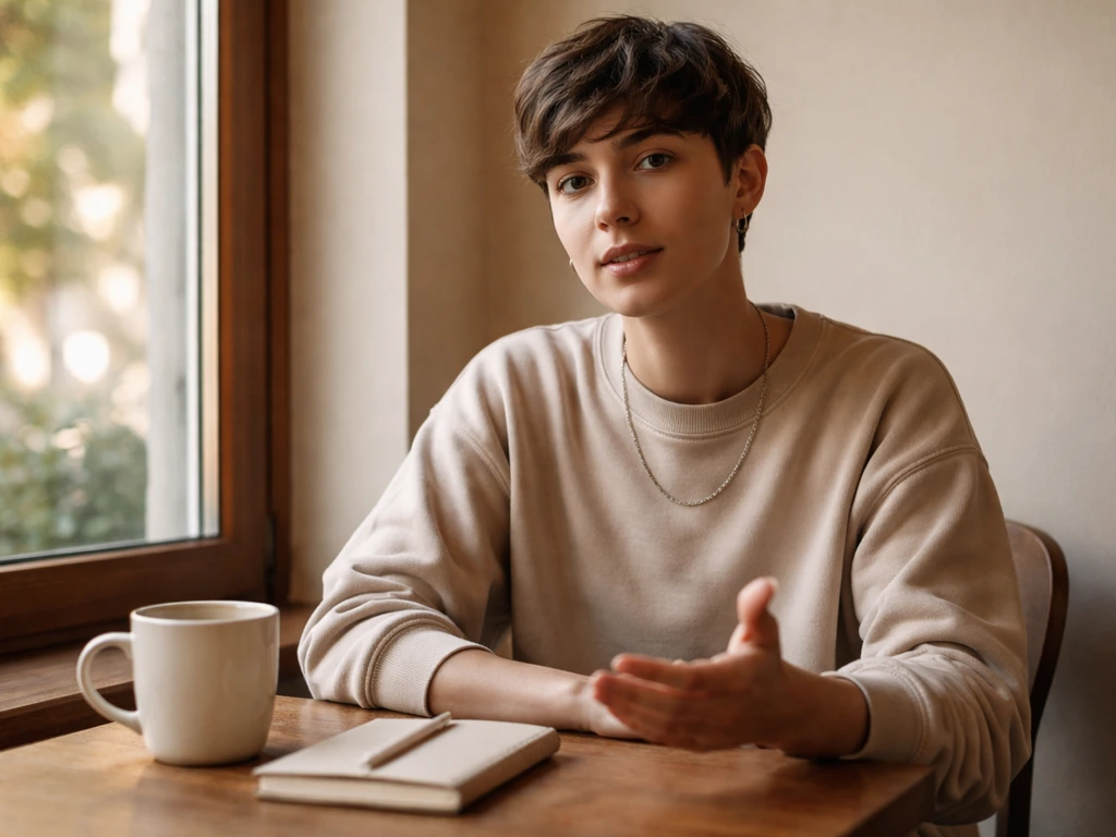 Person in a quiet café setting calmly setting a boundary, looking composed and attentive.