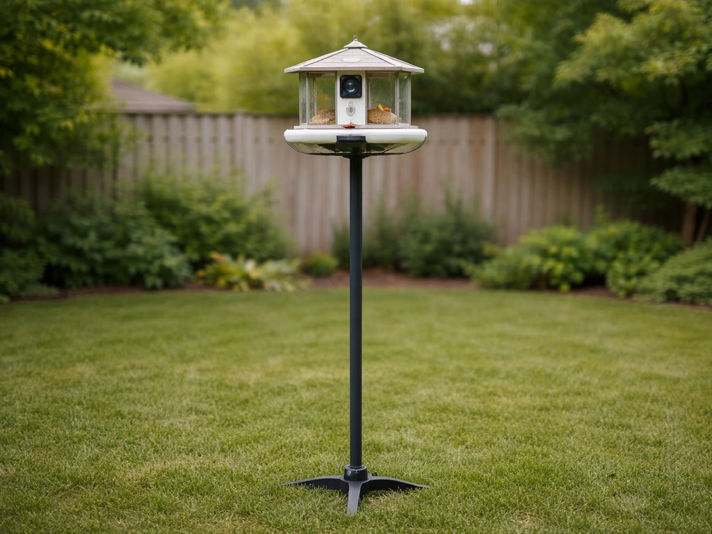 Bird Buddy Nature Station mounted on a properly sized pole in a backyard with soft greenery background.