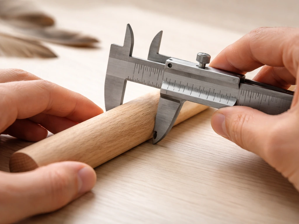 Hand with calipers measuring the diameter of a wooden bird perch on a table.