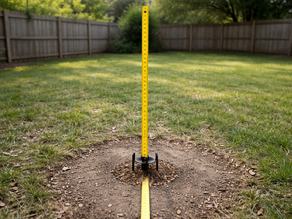 Measuring tape showing pole height and clearance space near a bird feeder setup in a yard