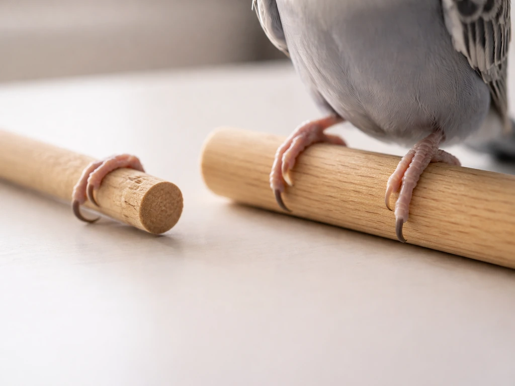Close-up of a pet bird’s feet gripping a properly sized perch, with a blurred contrasting thin perch