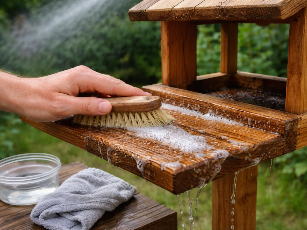 Hand scrubs a natural wood bird perch with a stiff brush and mild soap, then rinses it off outdoors.
