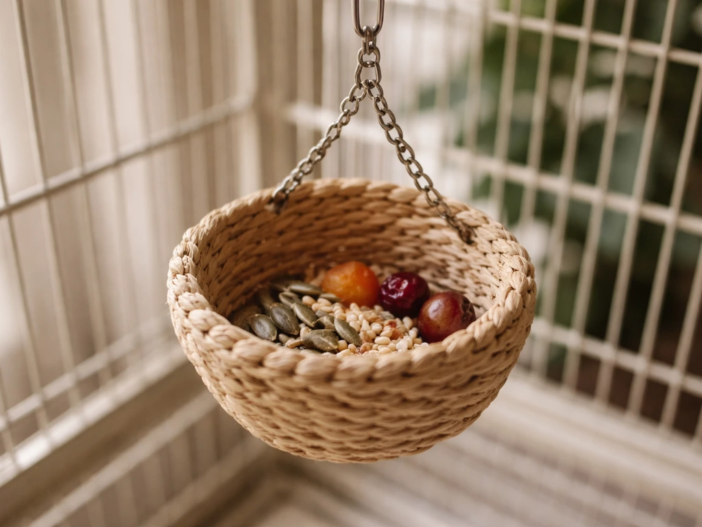 A hanging foraging bird basket inside a cage with a few safe food items in it.