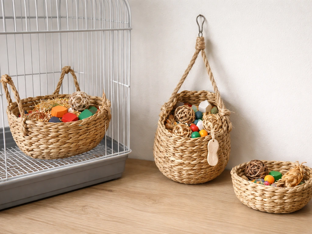 Three different bird basket types side-by-side: in-cage foraging, hanging basket, and small accessory basket.