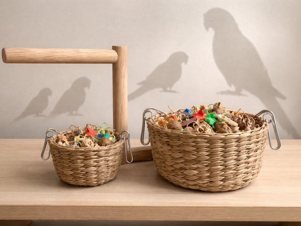 Two foraging baskets of different sizes beside a wooden perch, with soft bird silhouettes for scale.