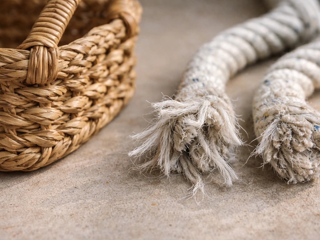 Close-up of natural woven seagrass and rattan fibers beside fraying synthetic rope fibers