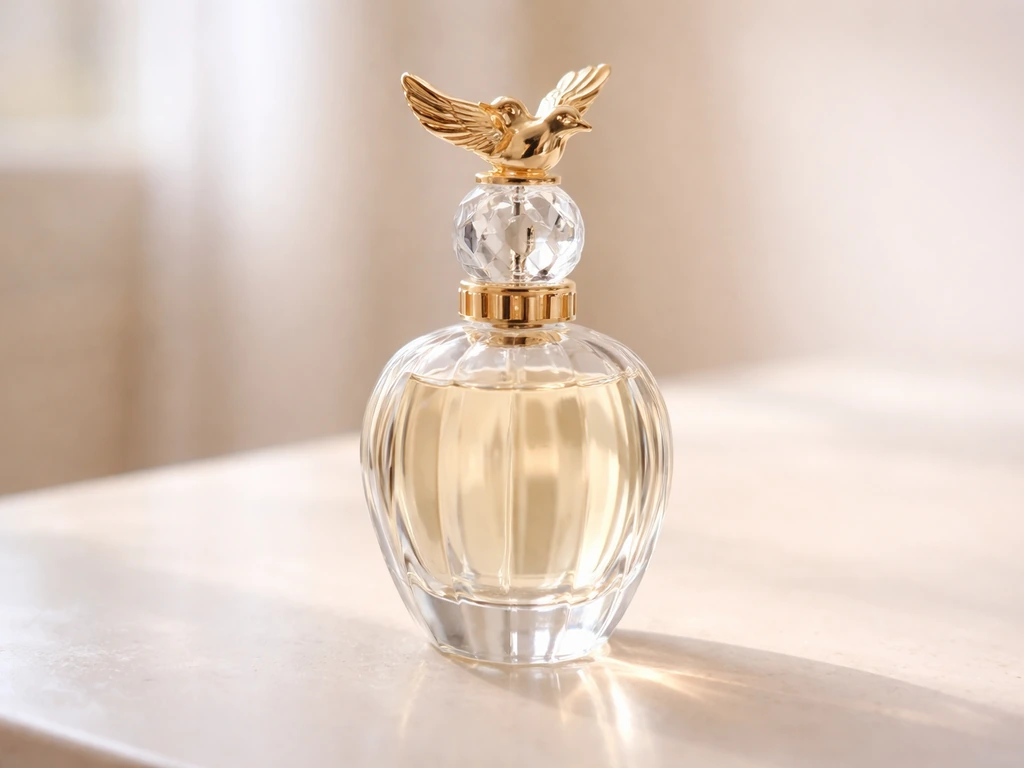 Close-up of a perfume bottle with a small bird topper on the stopper, on a clean vanity surface.