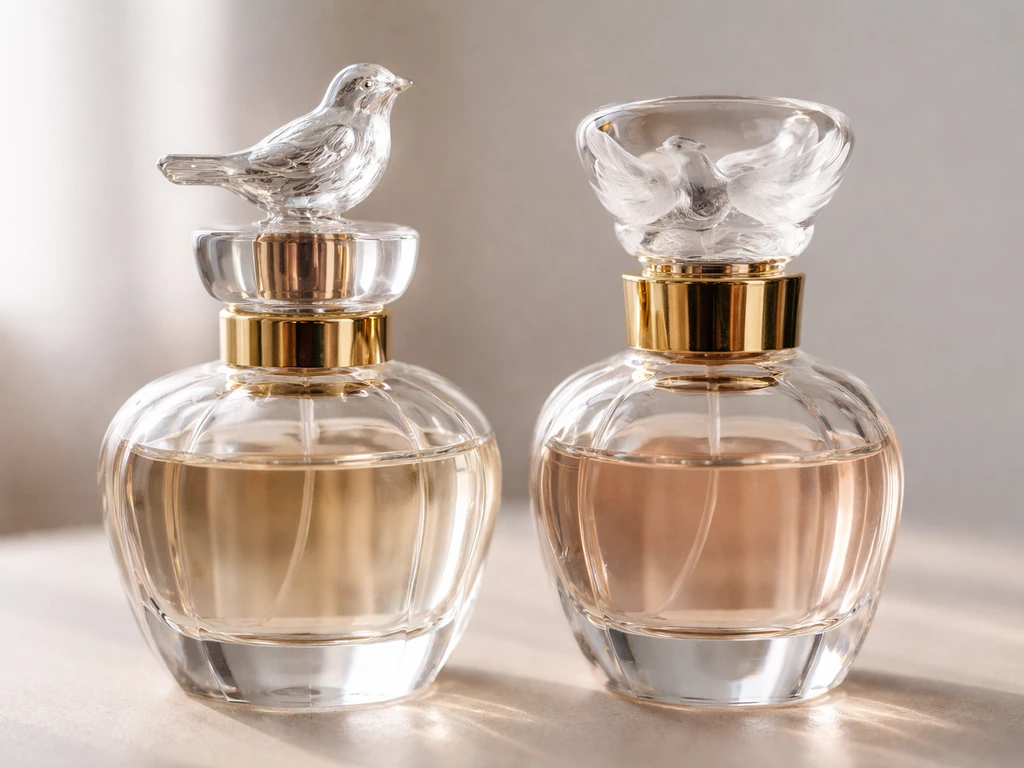 Two perfume bottles side by side showing a 3D bird topper versus a frosted/etched bird around the stopper.