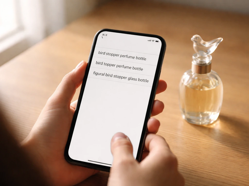 Over-the-shoulder view of a phone search and a small bird-stopper perfume bottle on a wooden desk.