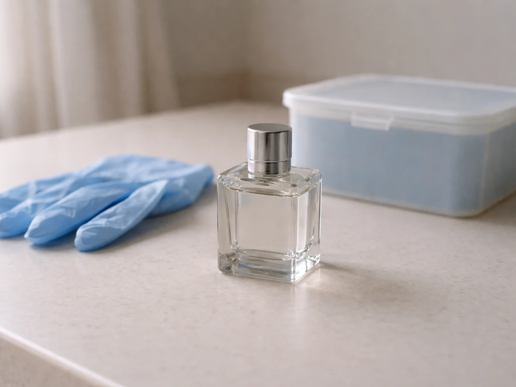 Close-up of a sealed fragrance bottle on a clean surface with safety-focused handling items nearby