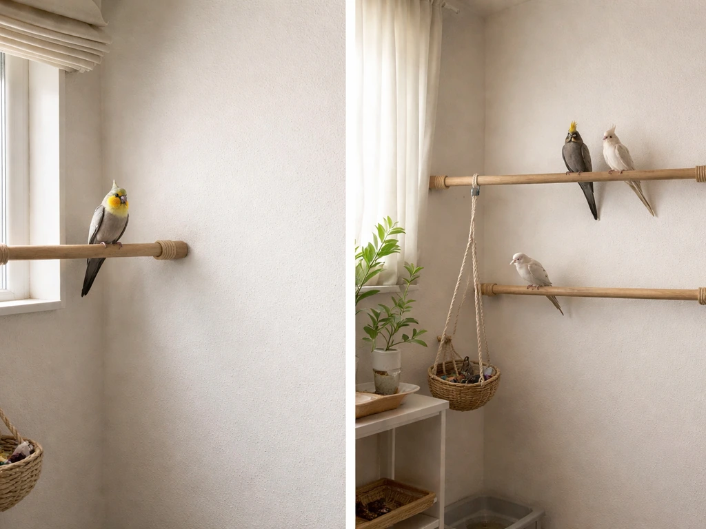 Solo cockatiel perched in one zone contrasted with spaced perches for a small flock in another zone.