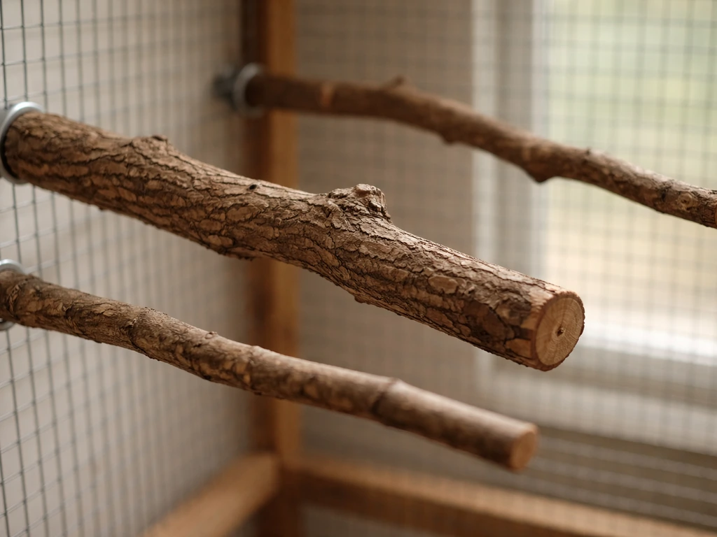 Close-up of natural wood branch perches with varied diameters for birds’ foot health.