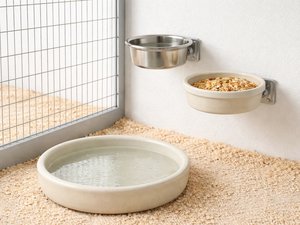 Clean stainless and ceramic dishes mounted on aviary wall with a shallow bathing dish in front.