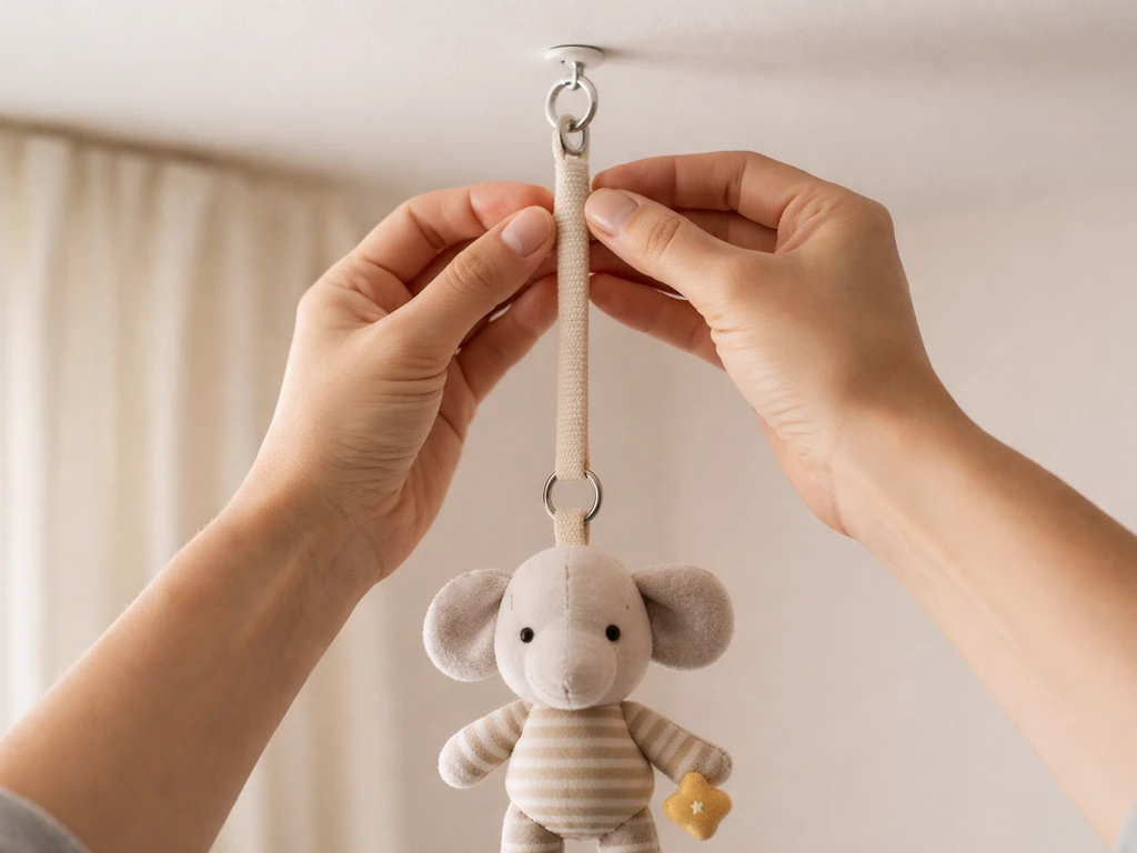 Hands inspecting a plush toy hanging from a safe ceiling hook with smooth strap, no trap points.