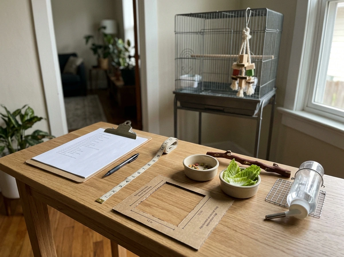 Beginner checklist scene for choosing the right bird based on lifestyle, budget, space, and health