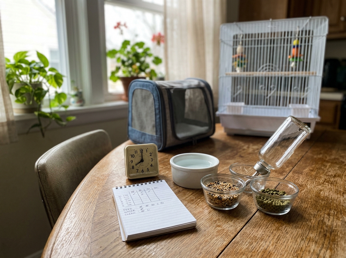 Cage care prep items and a schedule plan for daily interaction and feeding