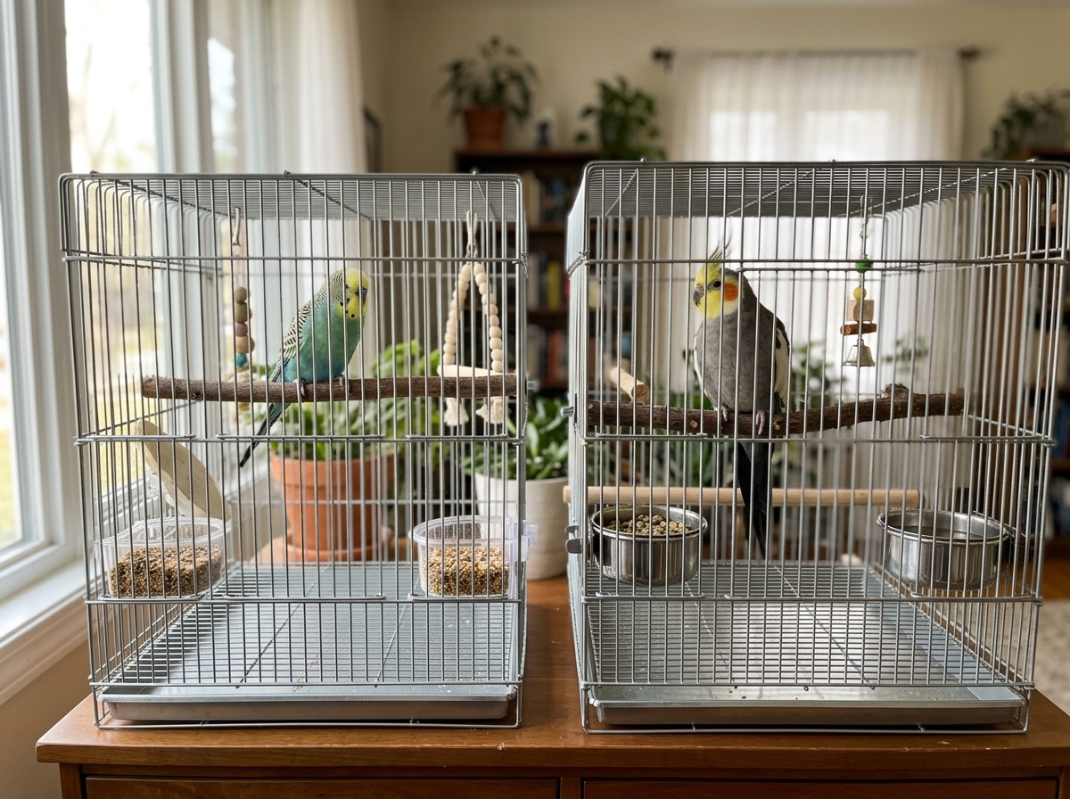 Budgie and cockatiel perched in cages showing beginner-friendly starting options