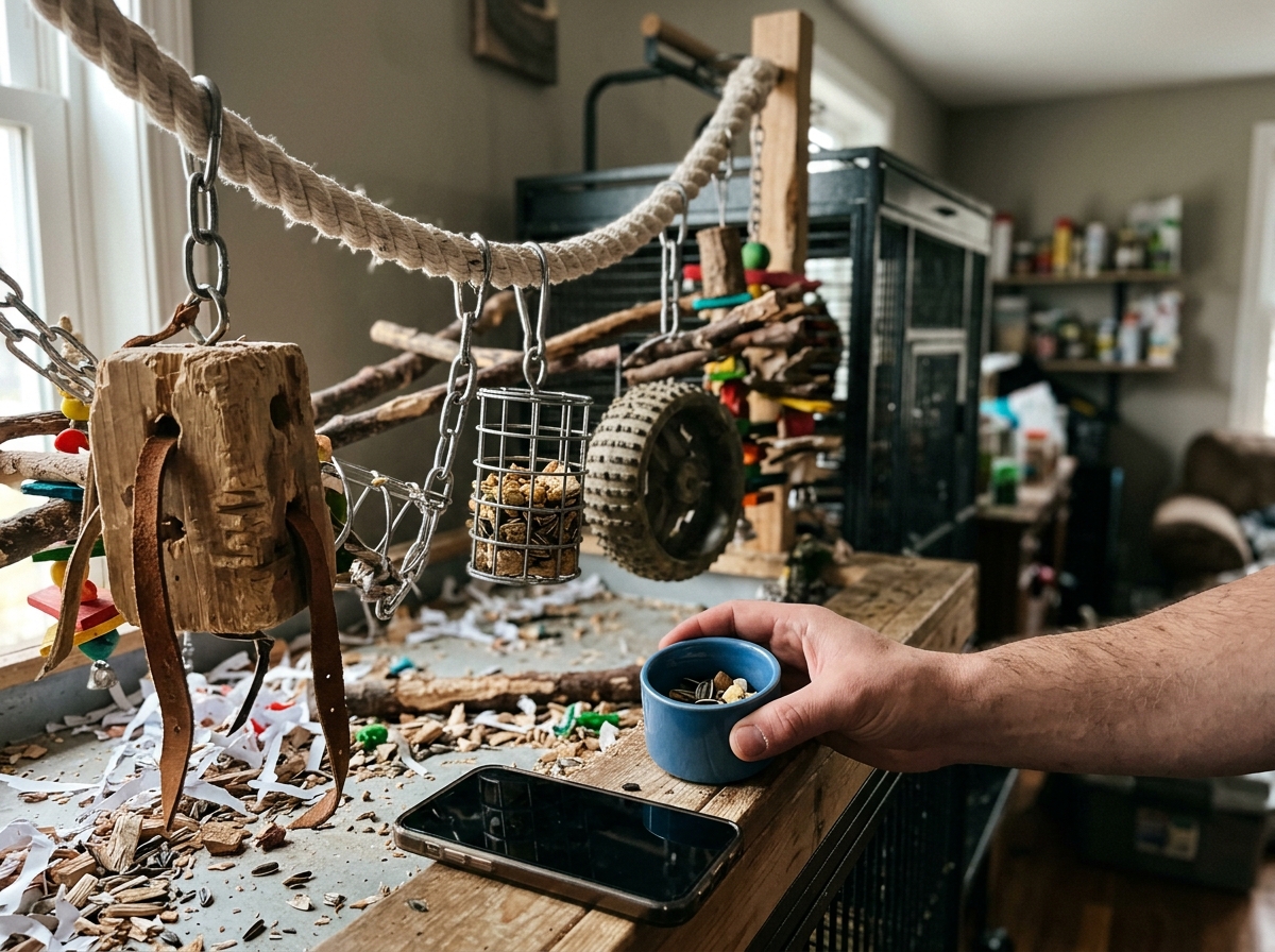 Enrichment setup and training supplies for highly demanding large parrot care