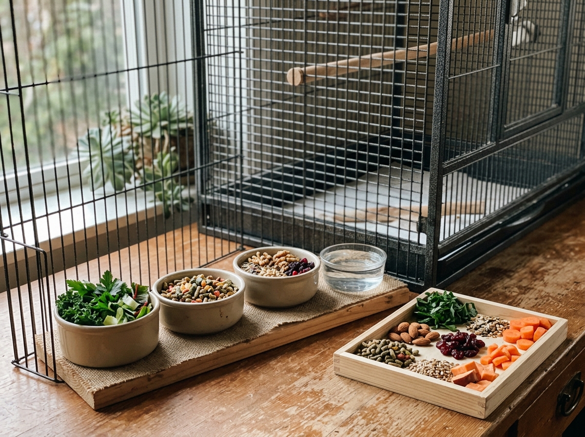 Bowls of pellets, fresh greens, and measured long-term diet foods