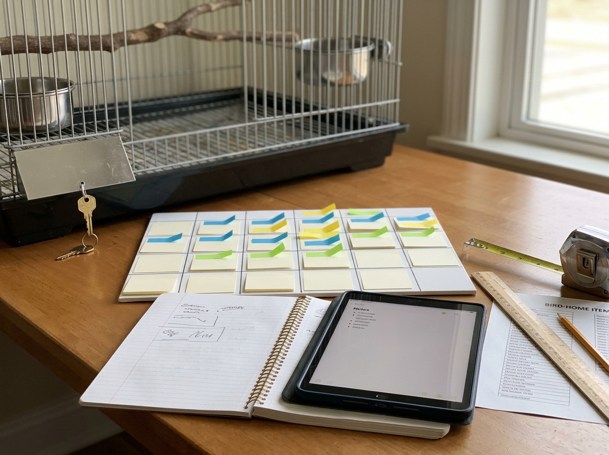 Shortlist planning materials and cage measurement tools for choosing a bird