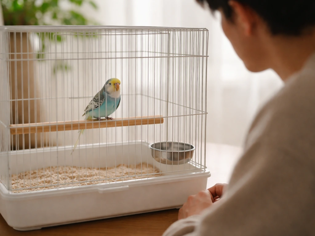 Calm pet bird perched in its cage while an anonymous owner checks it nearby indoors.