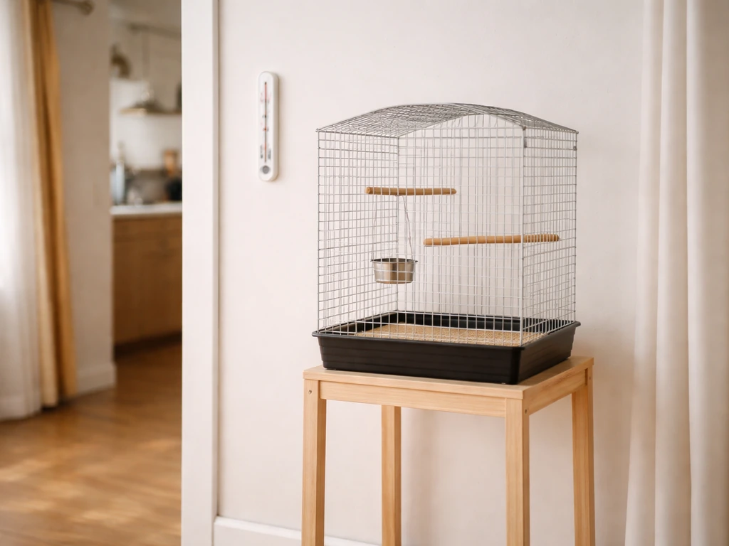 Birdcage on a living room stand with a room thermometer visible near it, away from kitchen drafts.