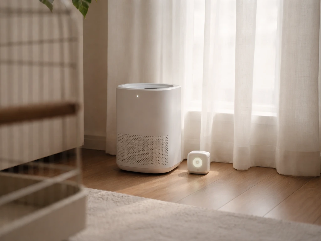 Bird-safe living room scene with an air purifier running and a small hygrometer displaying humidity.