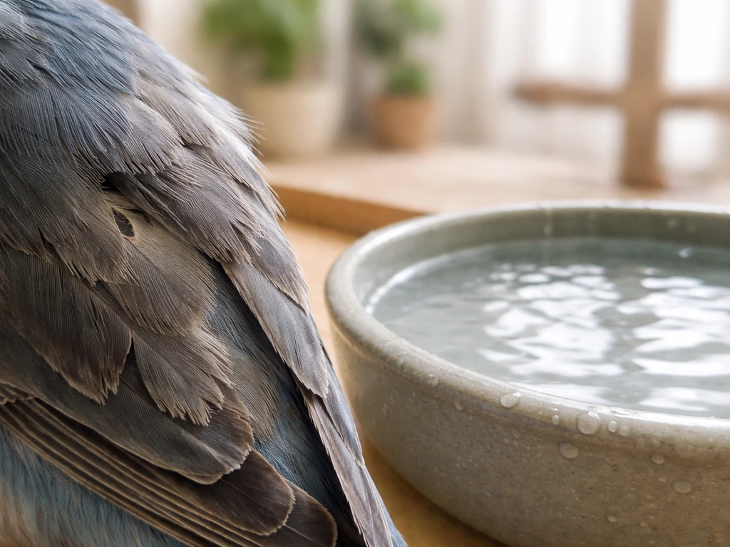 Close-up of frayed bird feathers beside a small shallow bathing dish for feather care.