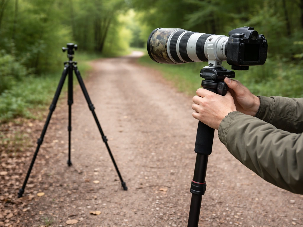 Photographer’s camera on a monopod beside a tripod, both set up on the ground outdoors for bird photography