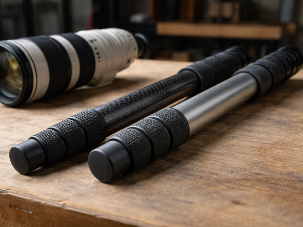 Side-by-side close-up of carbon-fiber and aluminum monopod tubes with a telephoto lens nearby.
