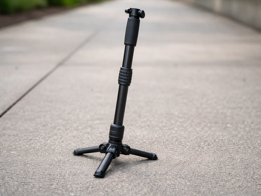 Close-up of a monopod with the center column partially extended, slightly tilted to show reduced stability.