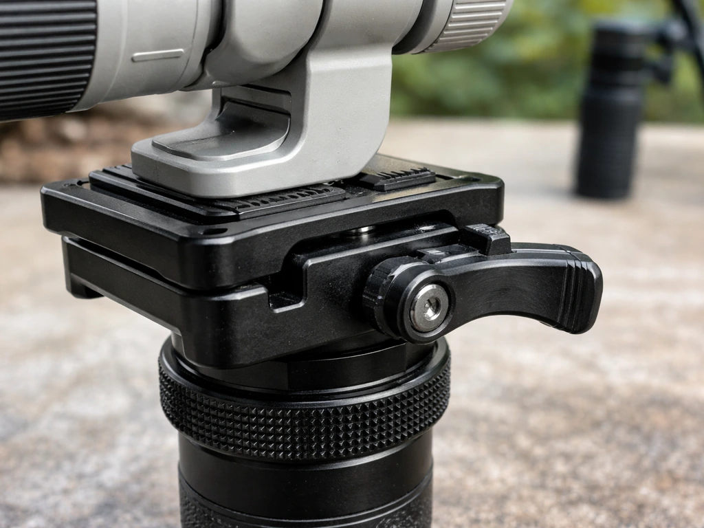 Close-up of an Arca-Swiss style quick-release plate clamped onto a monopod head, aligned and locked.