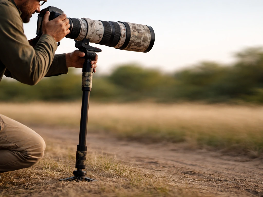 Photographer using a planted monopod for smooth panning; background blurs while subject stays sharp.
