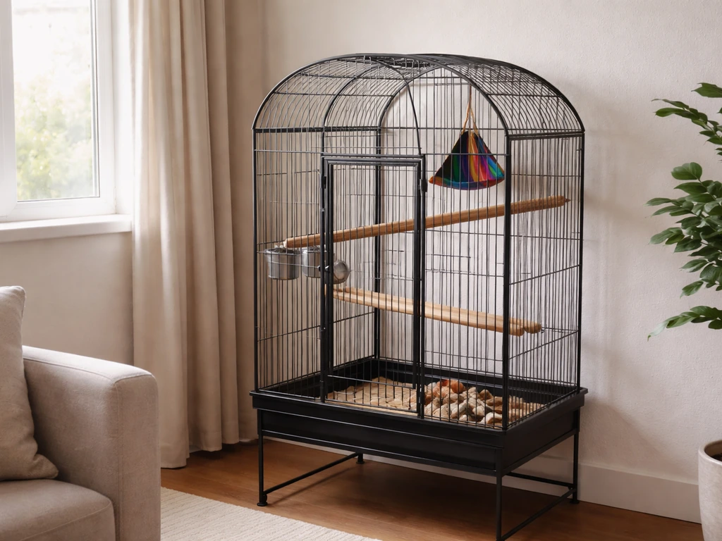 Indoor bird cage placed securely near a closed window with perches and hammock, showing escape prevention details.