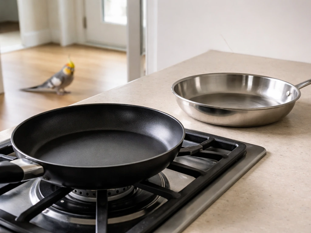 Nonstick pan off the heat with a small bird nearby, plus a ceramic/stainless alternative on a clean kitchen counter.