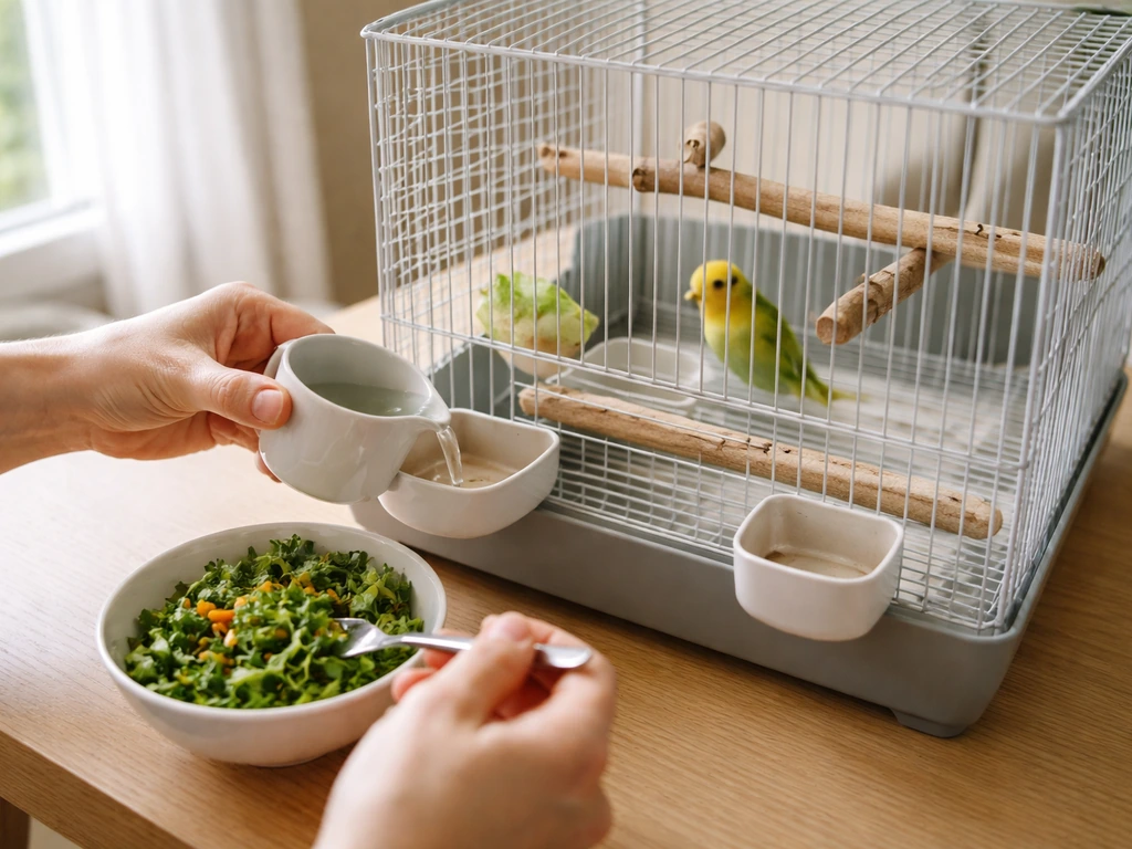 Indoor bird care routine: keeper refreshes water and prepares fresh food near a small parrot cage.