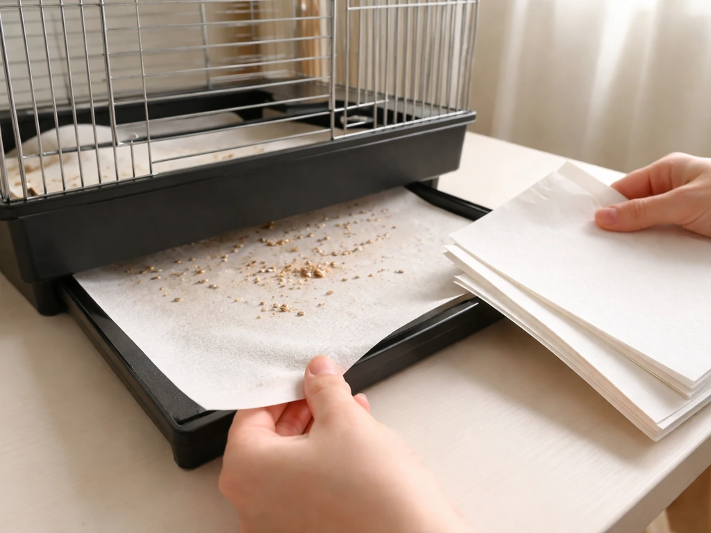 Indoor bird cage bottom paper liner being pulled out and replaced with fresh paper