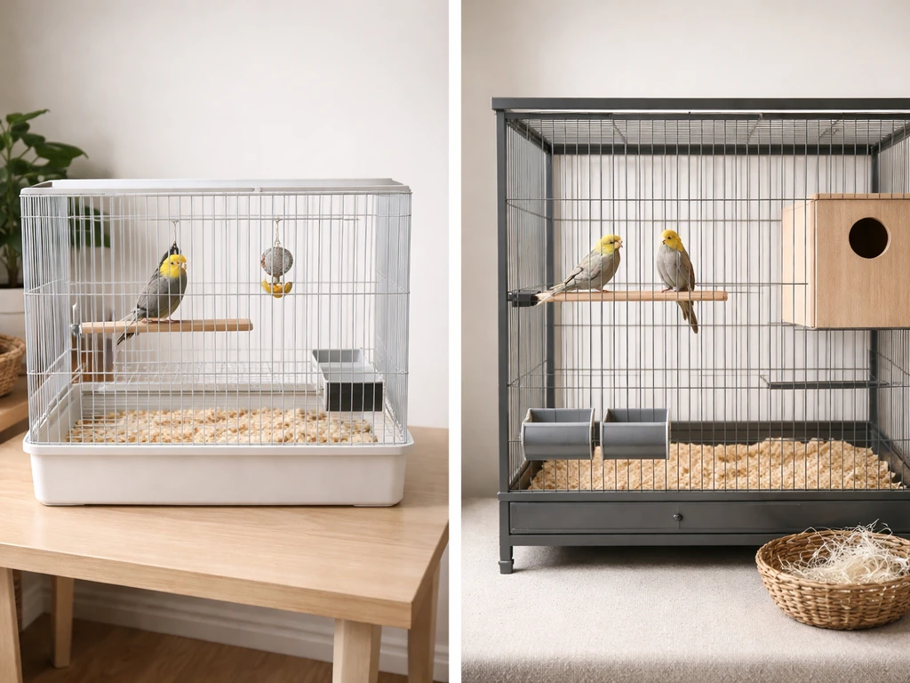 Two-part photo: a companion bird cage with a perch vs a breeding cage with a nest box setup.