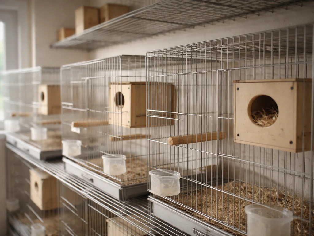 Close-up of a bird breeding room with small cages, nest boxes, and organized perches